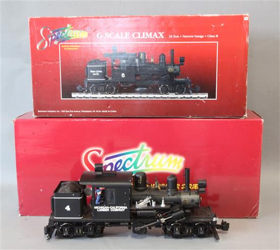 A Bachmann Spectrum G gauge Class B Climax locomotive 81182 and a GE 45-Ton Side Road diesel locomotive 81896, both boxed,